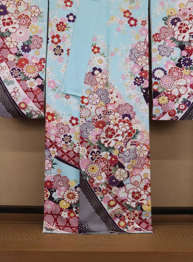 ブルー振袖（正絹）・六通袋帯（正絹）・長襦袢（合繊）三点セット 【美品】Sサイズ