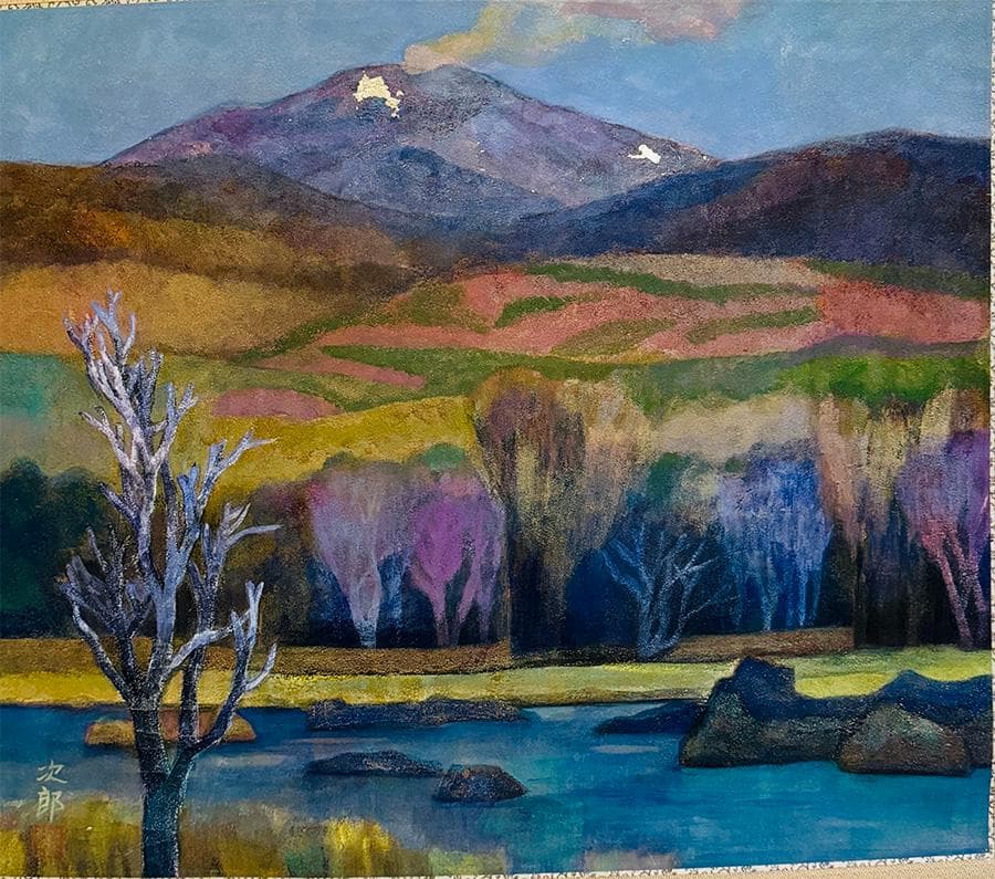 真作 荻野次郎画 自題 早春 掛軸 岩絵具 二重箱 共箱 木製筒 高級表装