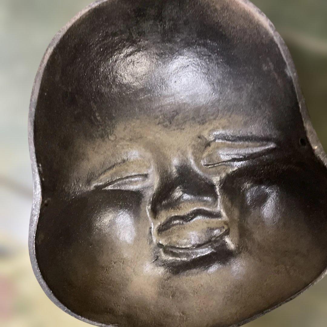 金属製オタフク　お福様ふっくらした頬　お福様のお面　骨董　美術品　重厚感あります