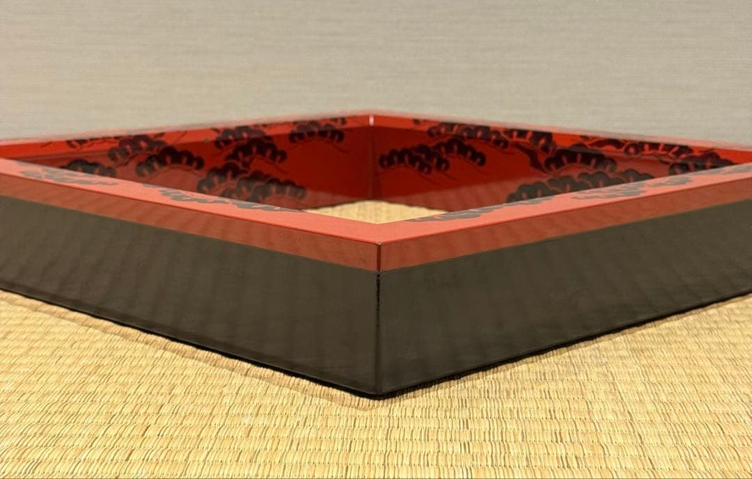 能登輪島塗 慶塚 朱塗老松蒔絵 炉縁 共箱 共布