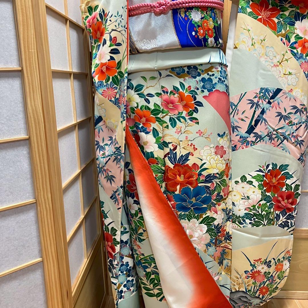 tu様［7144］振袖 笹竹花鳥文 駒刺繍 成人式 卒業式 正絹 着物 袷