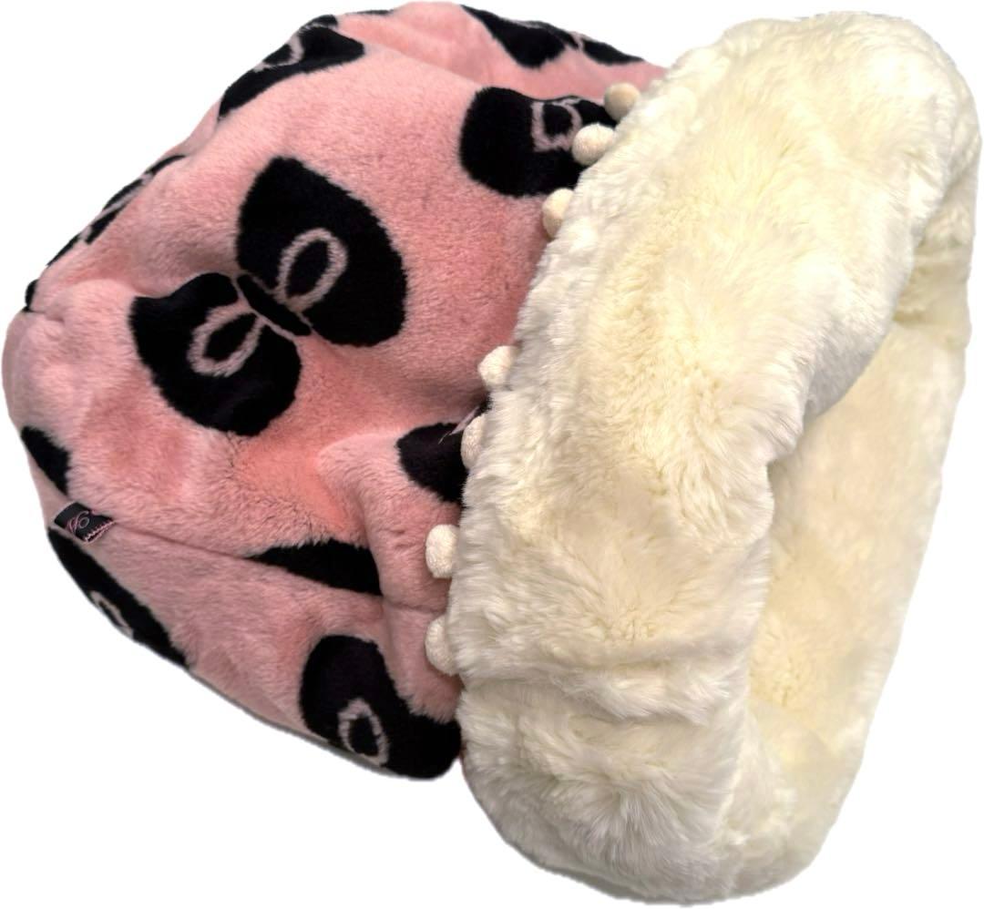 ★新品未使用★ふわふわ暖かい リボン柄ファーベッド リバーシブル 小型犬 小動物