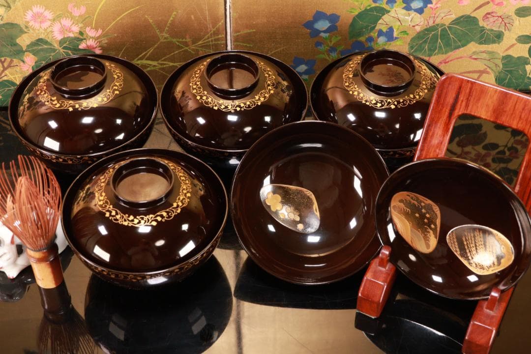 macaron BJ093 時代輪島塗　貝尽くし蒔絵　吸物椀　五客　木製