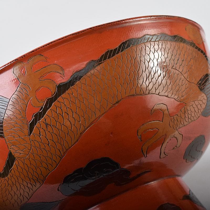 古民具　根来塗　雲龍文彫　椀　時代箱付　V　R8441