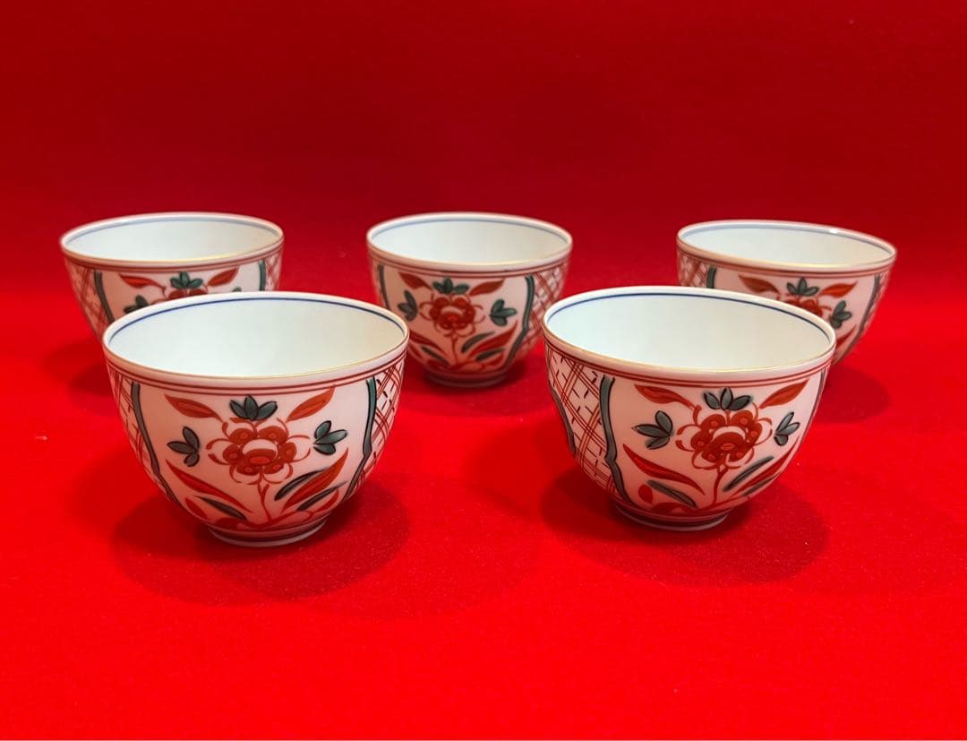 京焼 清水焼 薄胎 赤絵貼金 汲出碗揃五客 陵泉造　茶道具