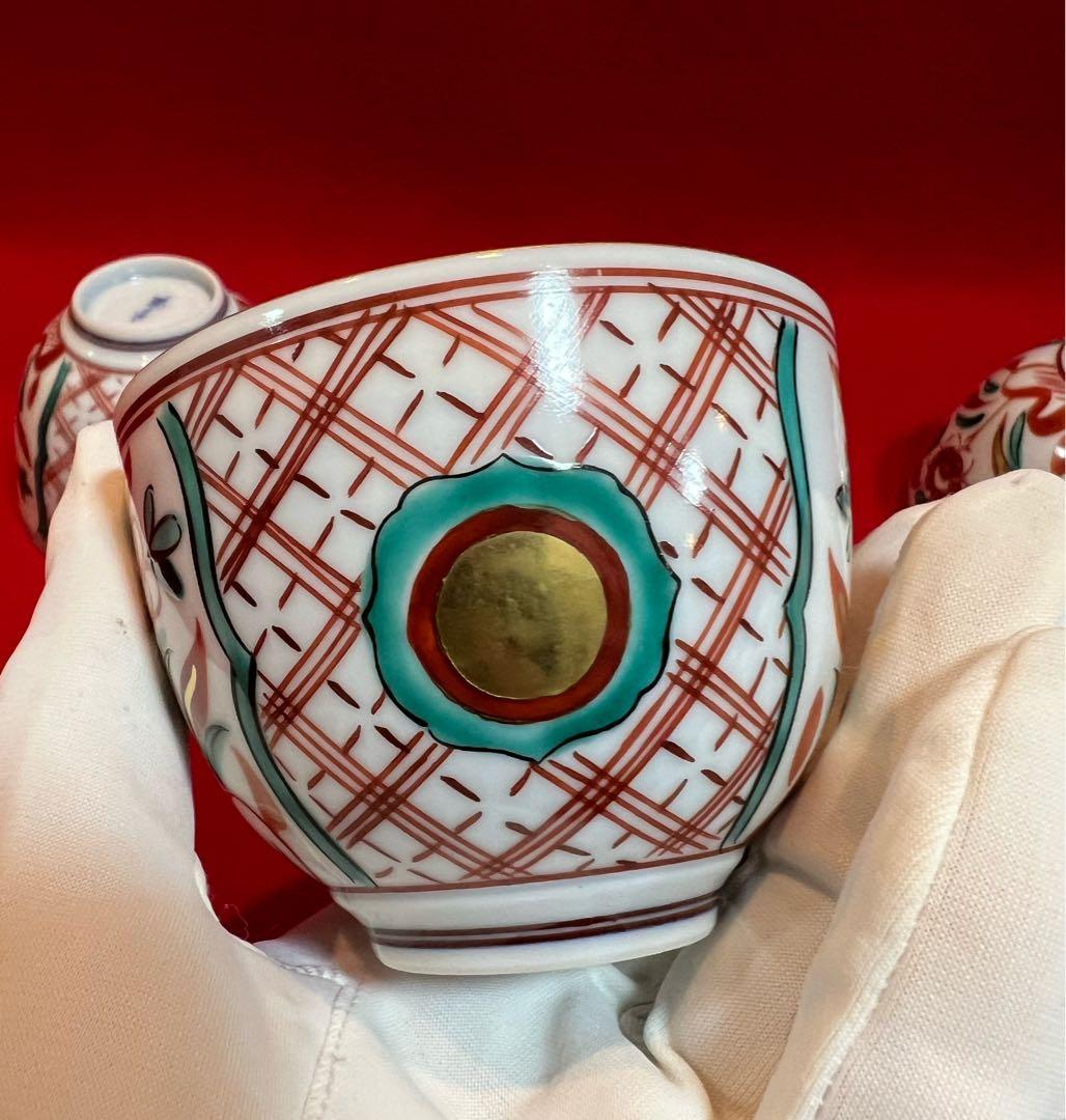 京焼 清水焼 薄胎 赤絵貼金 汲出碗揃五客 陵泉造　茶道具