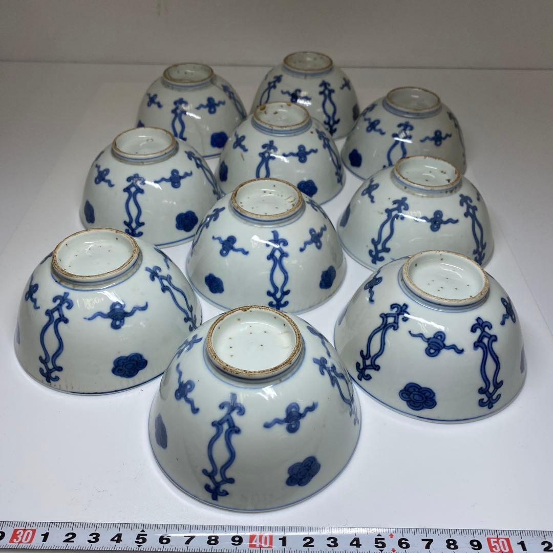 専用中国明末清朝時新渡青花蓋茶碗9客と身1点　木箱　東Y7-0303☆2Fトニカ