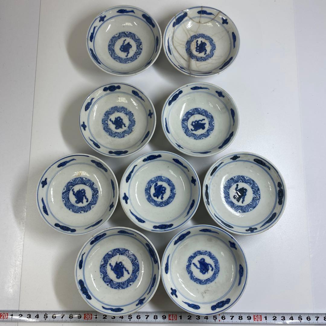 専用中国明末清朝時新渡青花蓋茶碗9客と身1点　木箱　東Y7-0303☆2Fトニカ