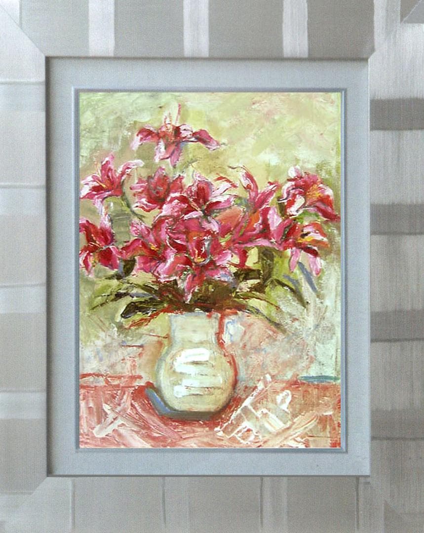 油絵 菅家令子 絵 絵画 インテリア 額付(白) uF6-070902 花 ゆり