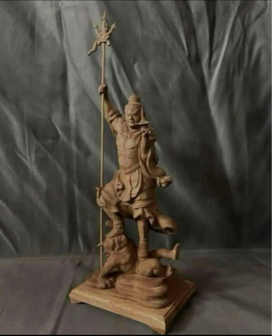 仏教工芸品　総楠製　井波彫刻　極上彫　木彫仏像　毘沙門天立像