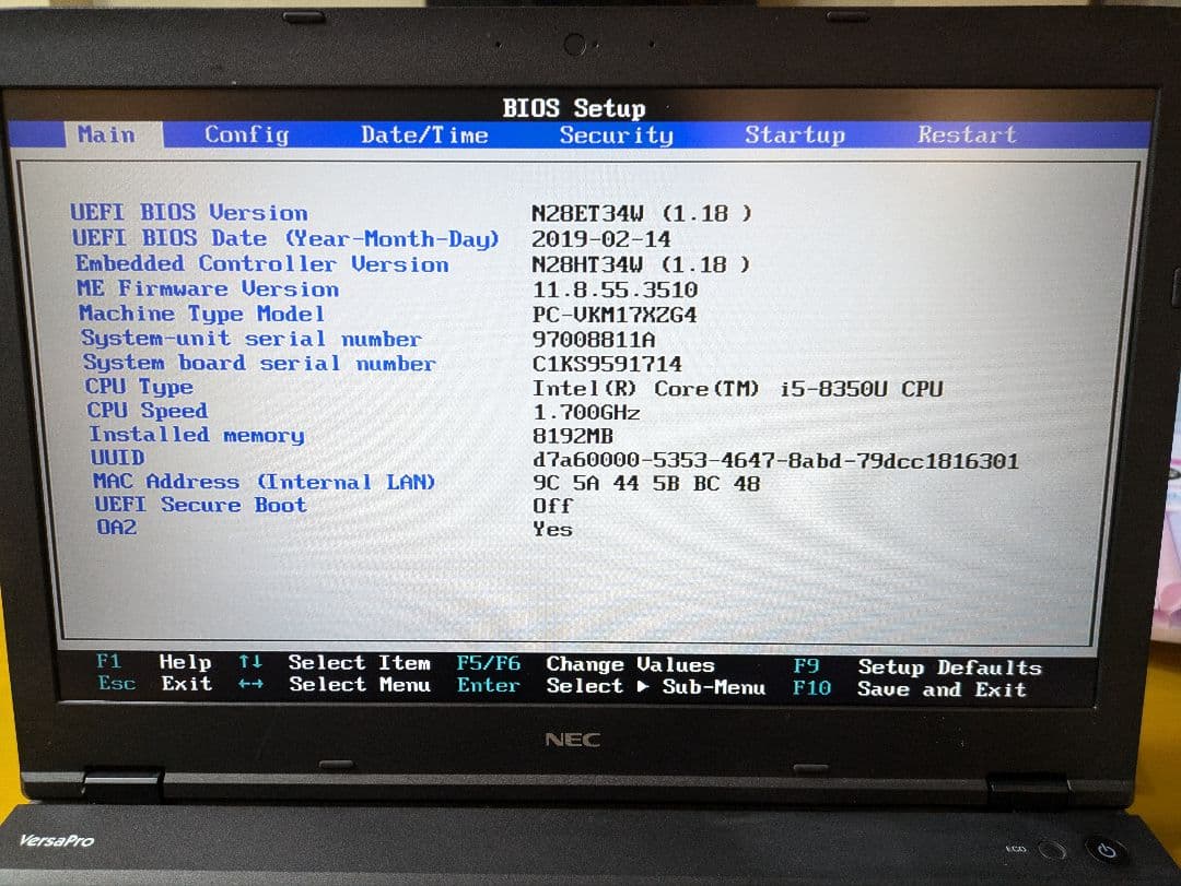 Windowsノート本体 NEC VersaPro VX-4 Core i5-8350U