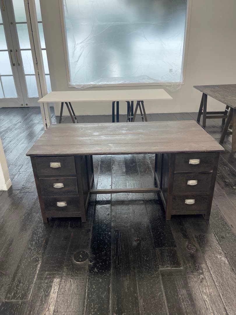 昭和初期アンティークデスク ダークブラウン 木製デスク 6引き出し