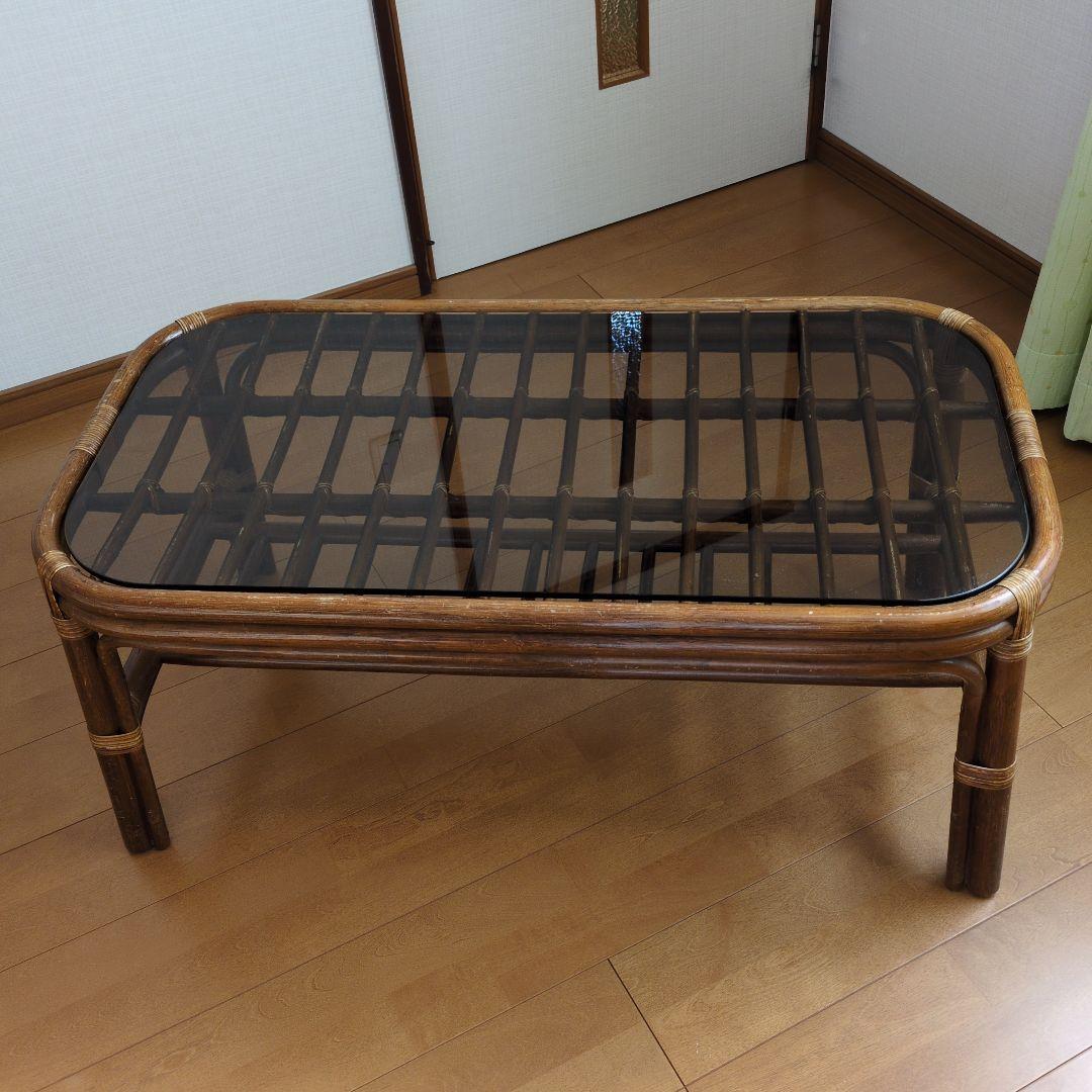 コスガ製、籐ガラス天板ロ―テーブル