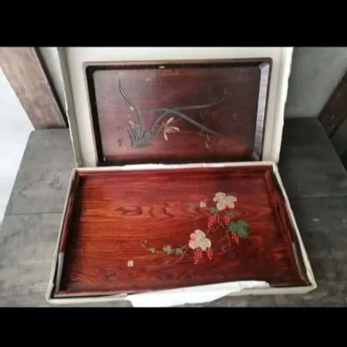 木製 盆 2枚セット 花柄 ぶどう柄 漆器 おぼん トレイ大-W51 小W45