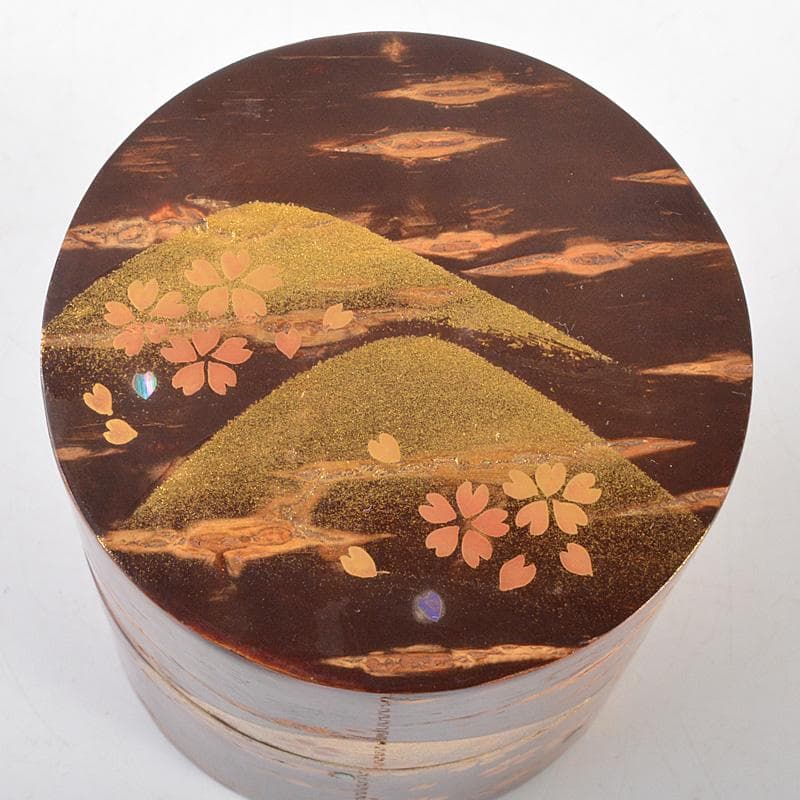 茶道具　越前塗　中出松峰作　螺鈿装飾　遠山桜蒔絵　桜中次　棗　共箱　V　6433