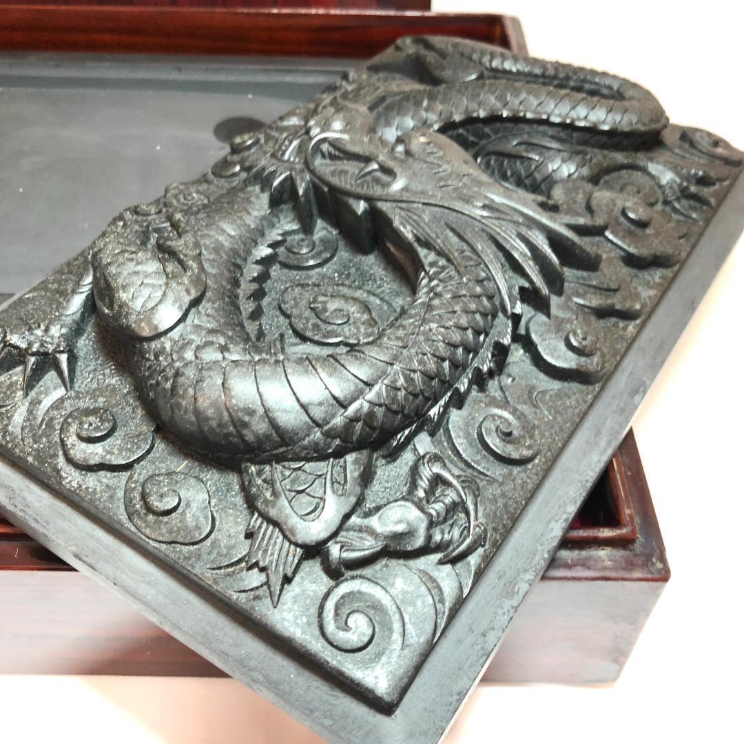 書道セット　硯　竜　彫刻　骨董品　古美術　特大サイズ7.3㎏　未使用品　筆墨函