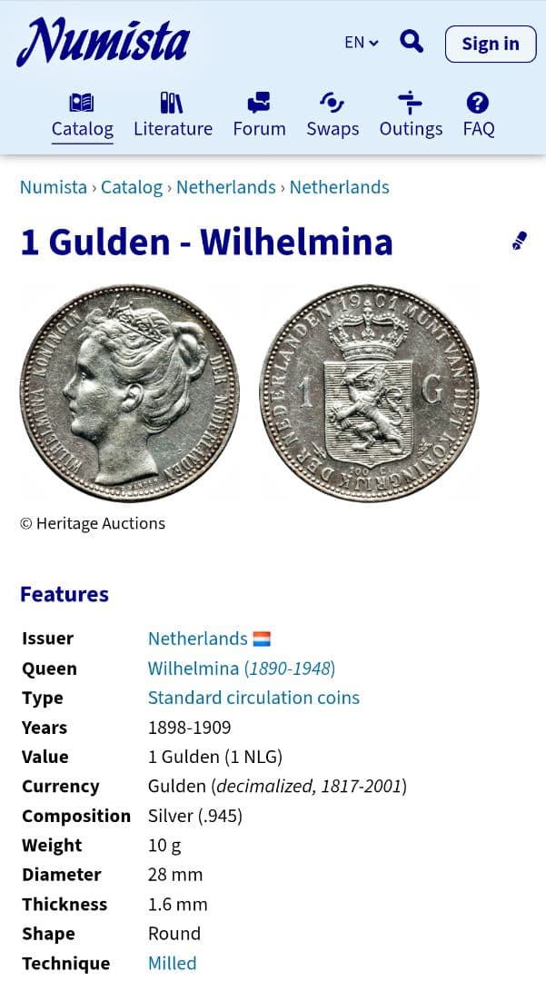 【準特年】オランダ 1ギルダー銀貨 1905年 ウィルヘルミナ女王　1枚おまけ付