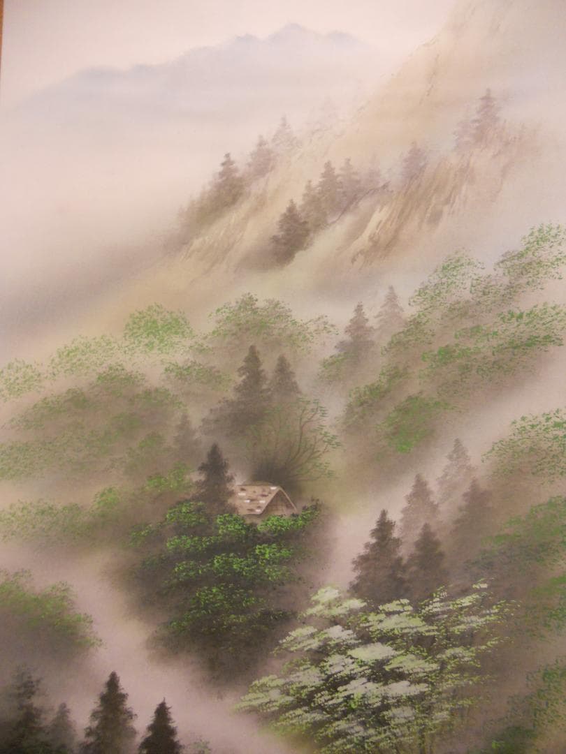 掛け軸 花峰 彩色山水 絹本 希少 軸装 茶道具 掛軸 美品 です。