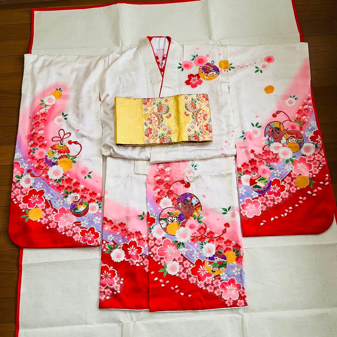 七五三　7歳　四つ身着物正絹　結び帯　草履バッグ　はこせこセット　帯揚げ　しごき