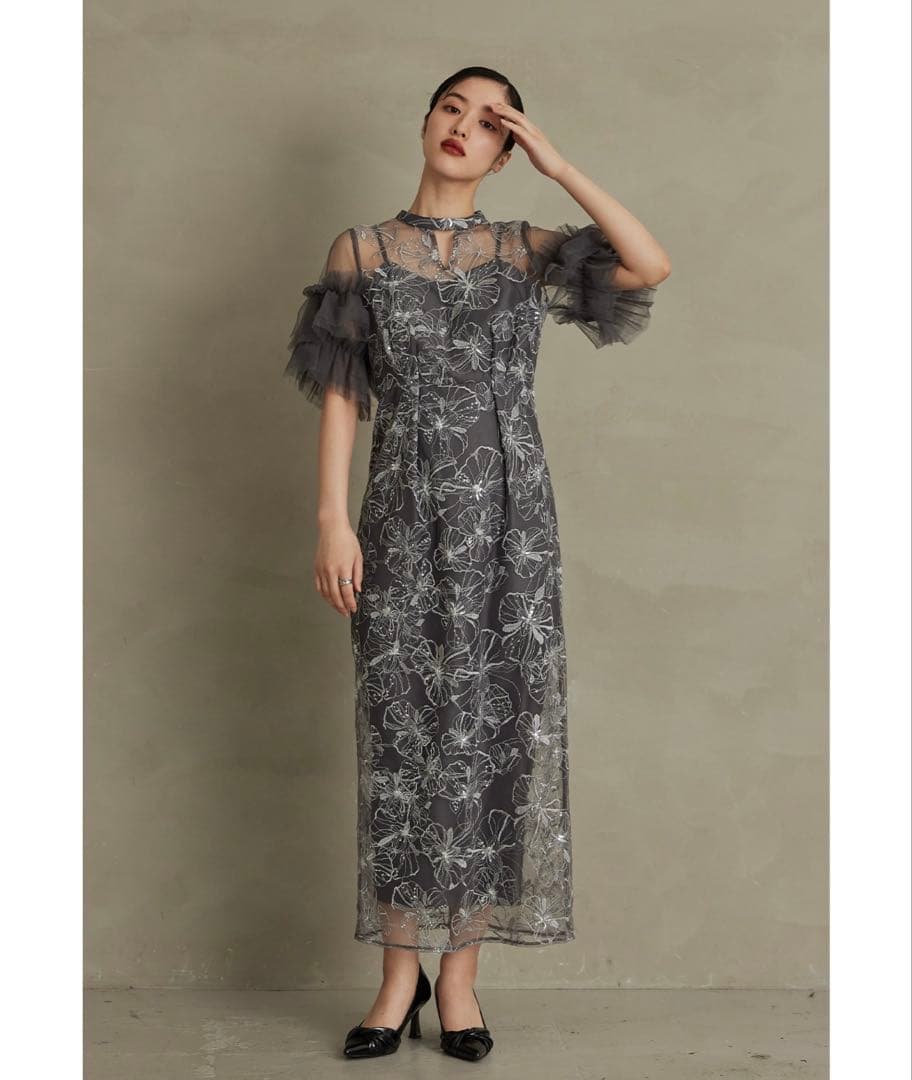 【美品】スパンコール刺繍レースドレス チャコール 二アナ niana