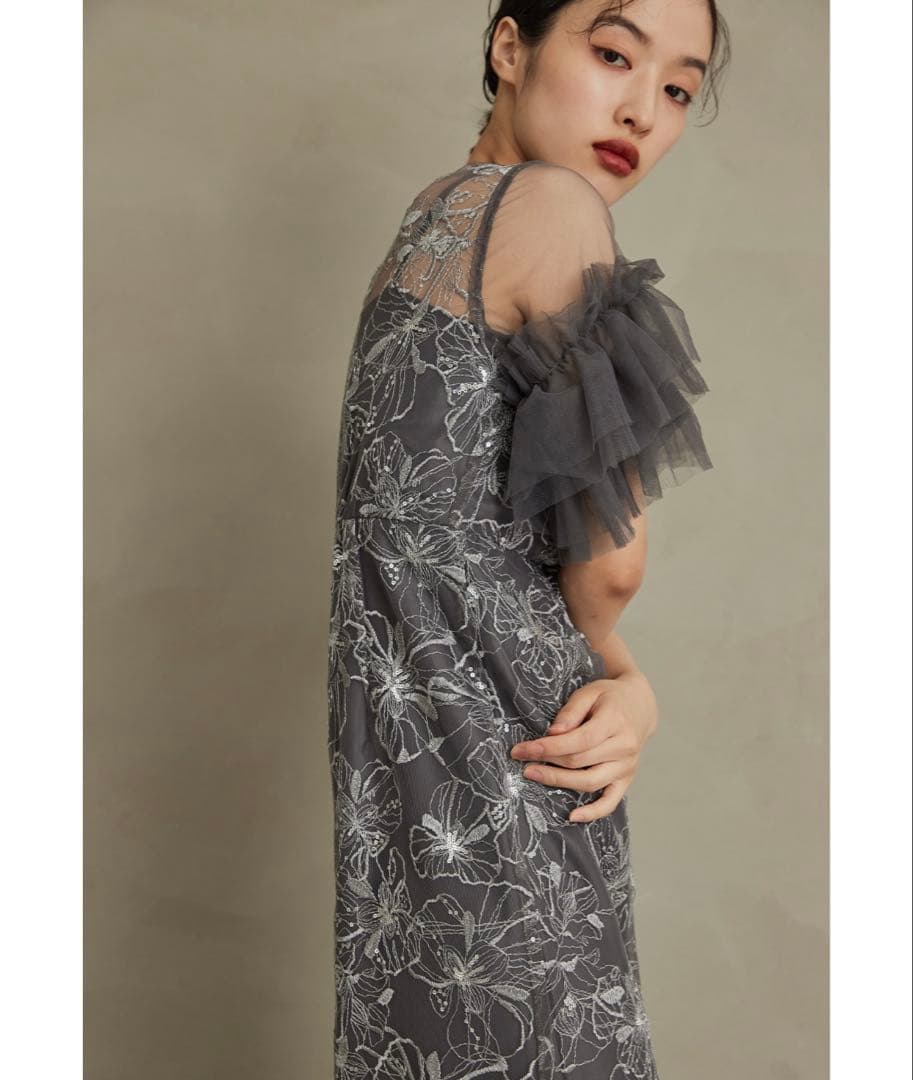 【美品】スパンコール刺繍レースドレス チャコール 二アナ niana