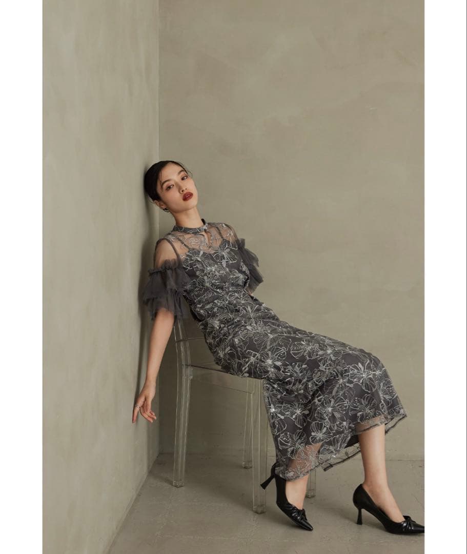 【美品】スパンコール刺繍レースドレス チャコール 二アナ niana