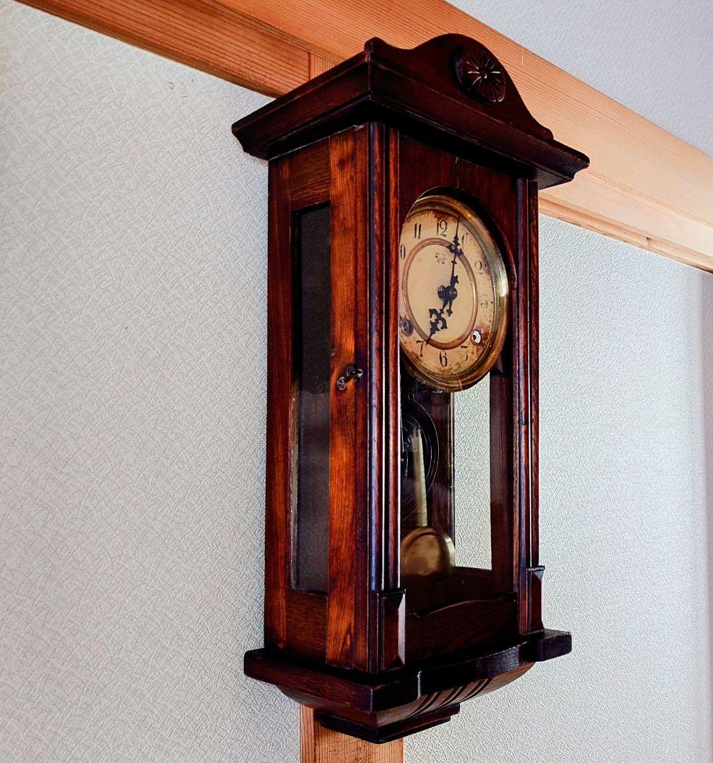 〈完動品〉明治時計社　スリゲル型ゼンマイ式振り子掛け時計　アンティーク古時計