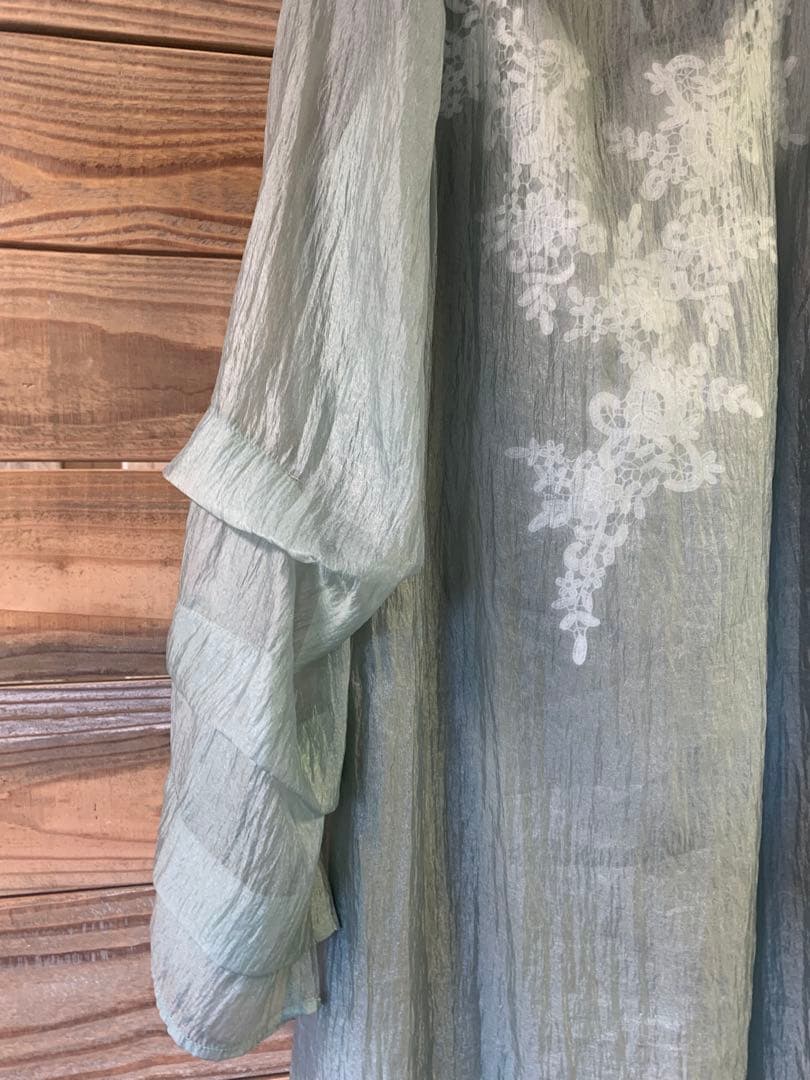 薄い緑色の花柄刺繍ドレス