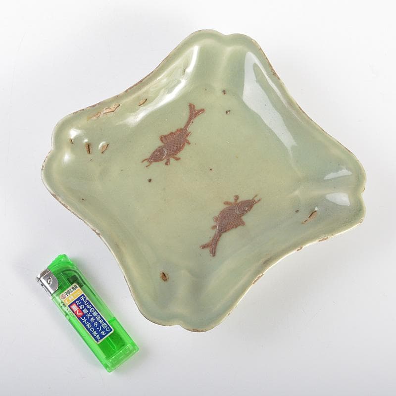 中国　天龍寺青磁　魚文　菓子鉢　時代箱　F　R7016