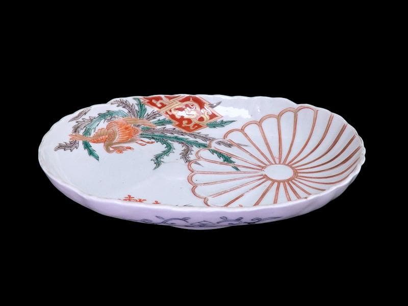 古伊万里　金襴手　陽刻　桐に鳳凰　菊の図　楕円長皿　２枚　F054AS-fbsi