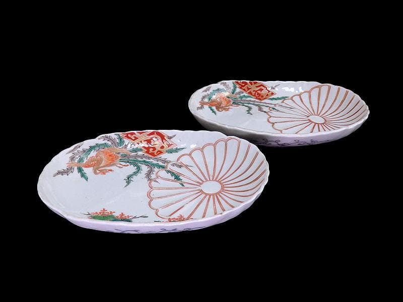 古伊万里　金襴手　陽刻　桐に鳳凰　菊の図　楕円長皿　２枚　F054AS-fbsi