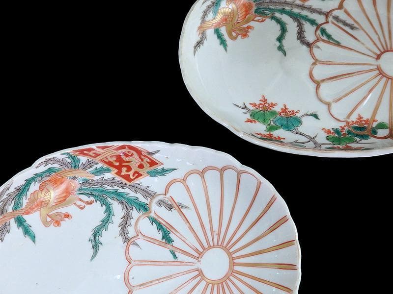 古伊万里　金襴手　陽刻　桐に鳳凰　菊の図　楕円長皿　２枚　F054AS-fbsi