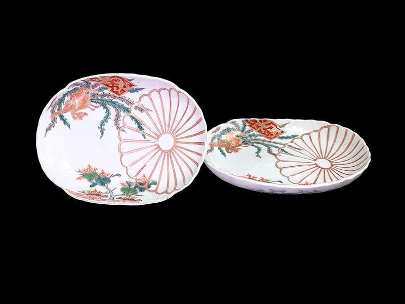 古伊万里　金襴手　陽刻　桐に鳳凰　菊の図　楕円長皿　２枚　F054AS-fbsi