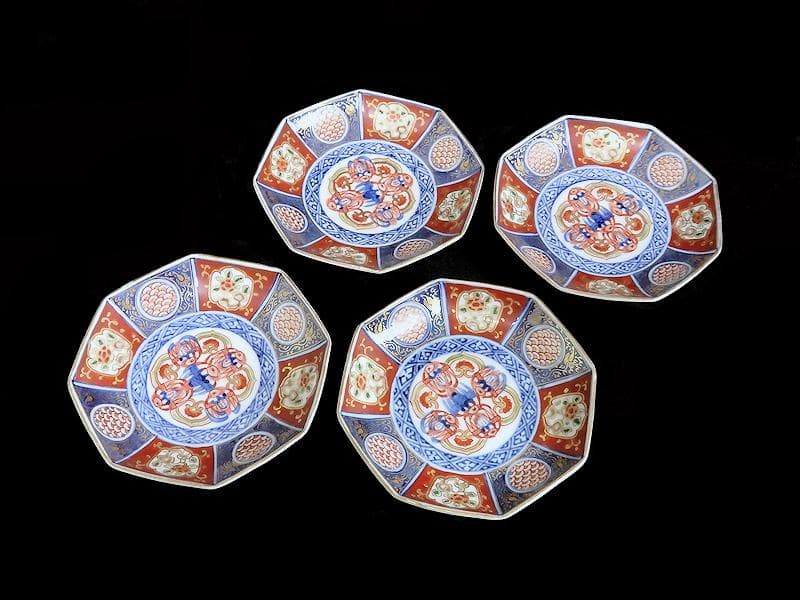 大聖寺伊万里　金襴手　描分　花に青海波八角４寸皿　４枚　C865AS-CEr