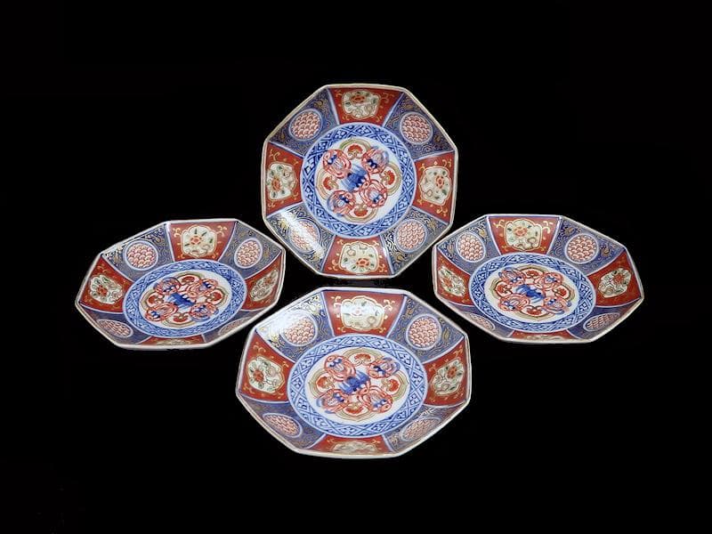 大聖寺伊万里　金襴手　描分　花に青海波八角４寸皿　４枚　C865AS-CEr