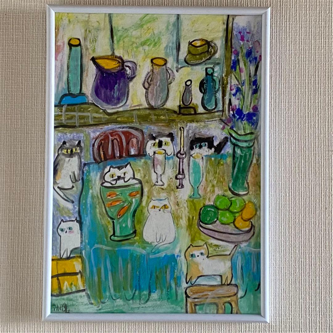 絵画 。手描き【水槽の中のきれいな金魚とかわいい猫たち】