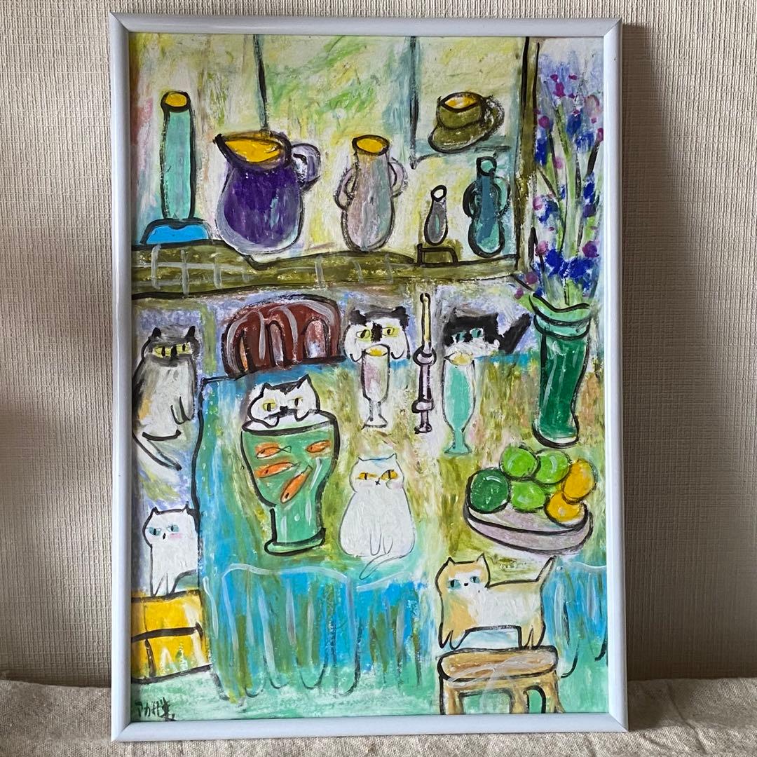 絵画 。手描き【水槽の中のきれいな金魚とかわいい猫たち】