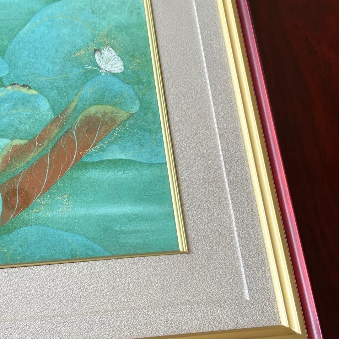 仲林敏次 日本画「朱草（睡蓮）」6号 額装 三重県出身 新興美術院会 一枚の繪G