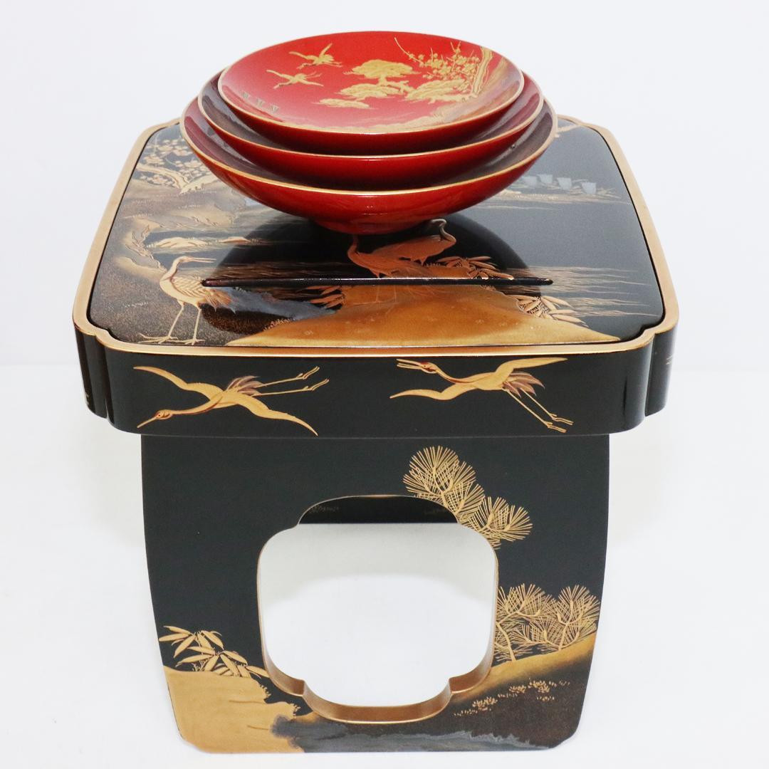 時代漆器 朱漆塗 鶴亀山水 松竹梅 縁起物 蒔絵 三ツ重盃 木製