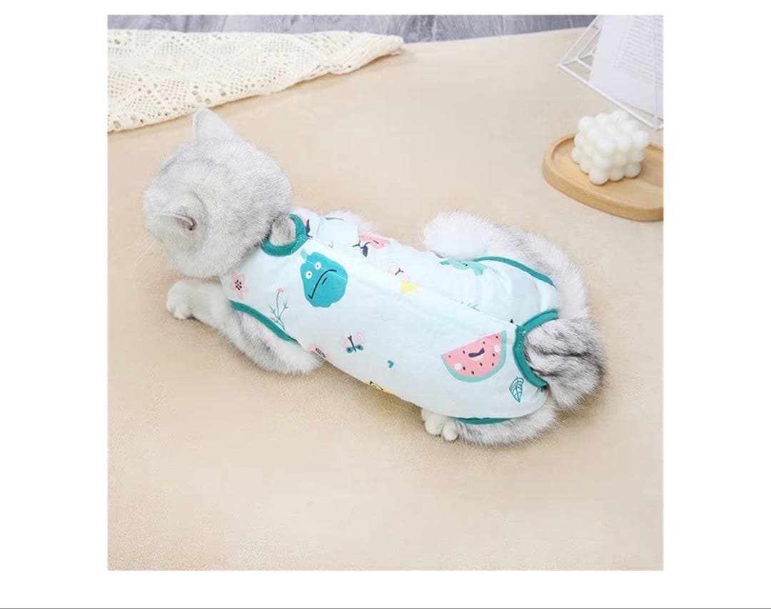 【新品】猫 術後服回復スーツ 通気性抜群 舐め防止 ジャンプスーツ型グリーンXL