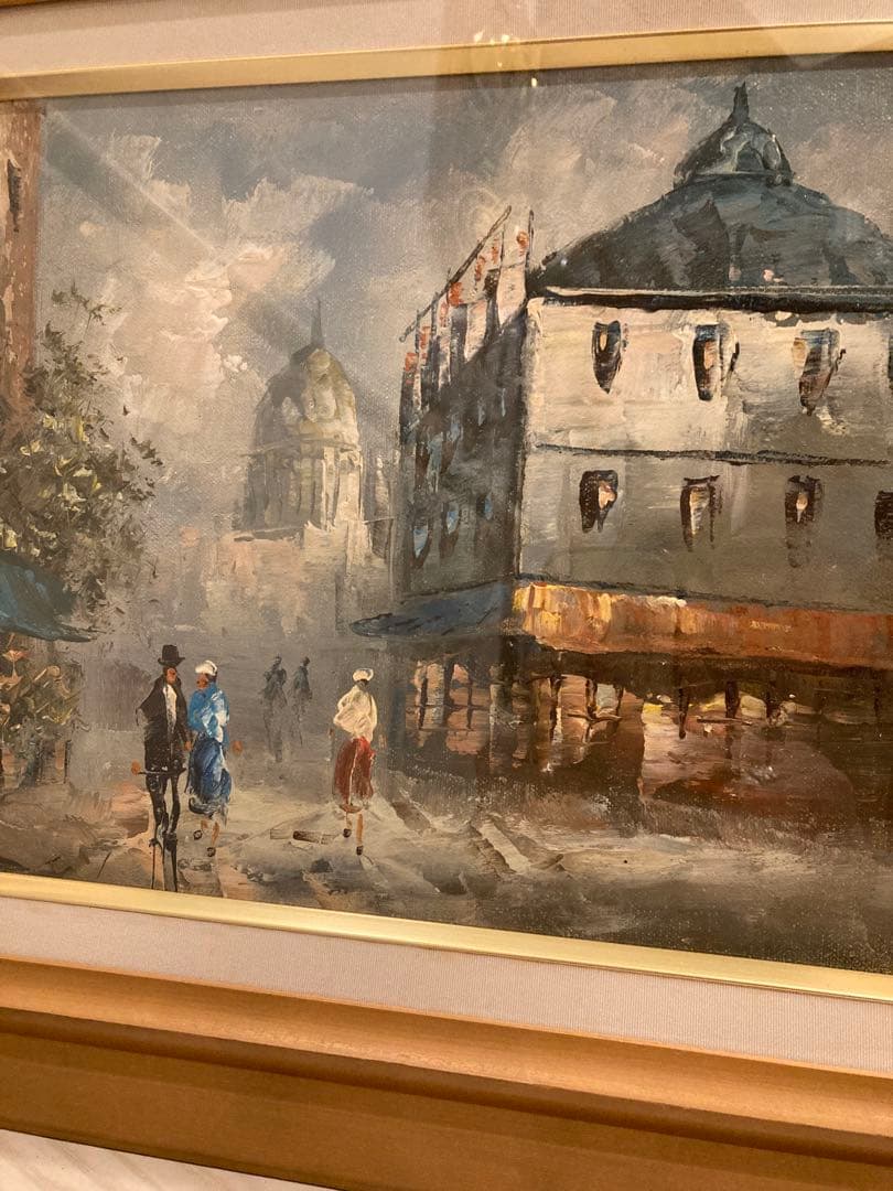 油彩画 街の風景 木製フレーム付きパリー モンマルトルの丘 カーン フランス