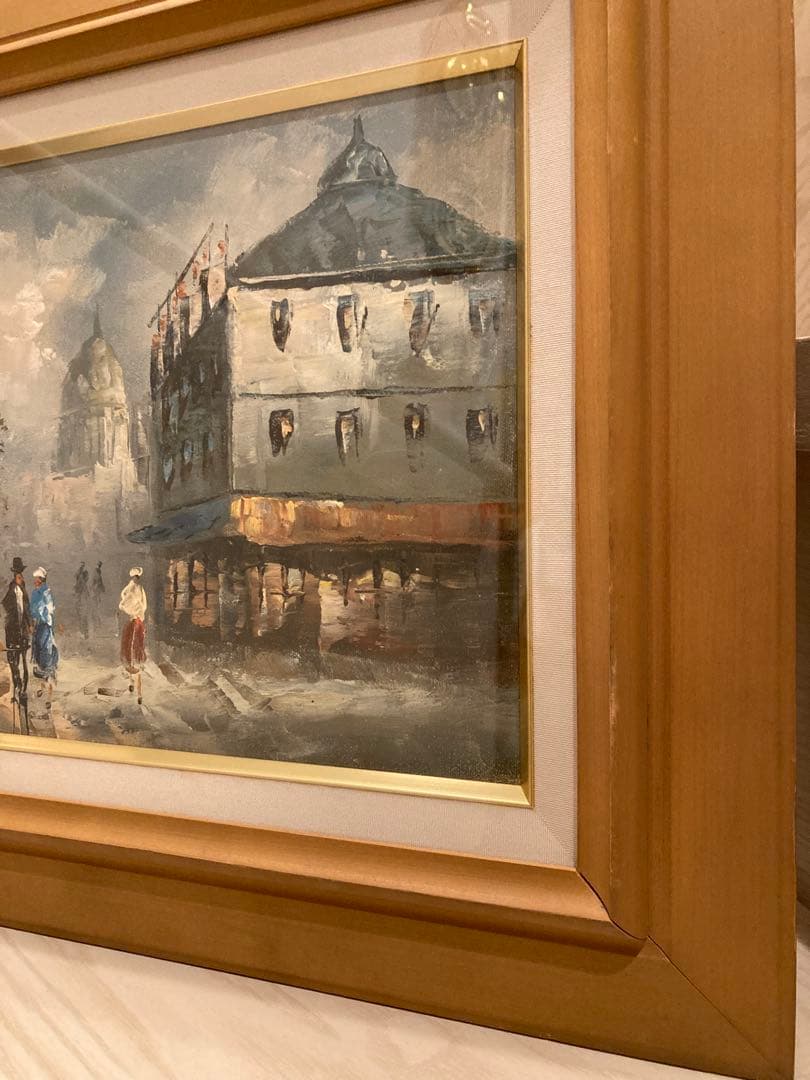 油彩画 街の風景 木製フレーム付きパリー モンマルトルの丘 カーン フランス