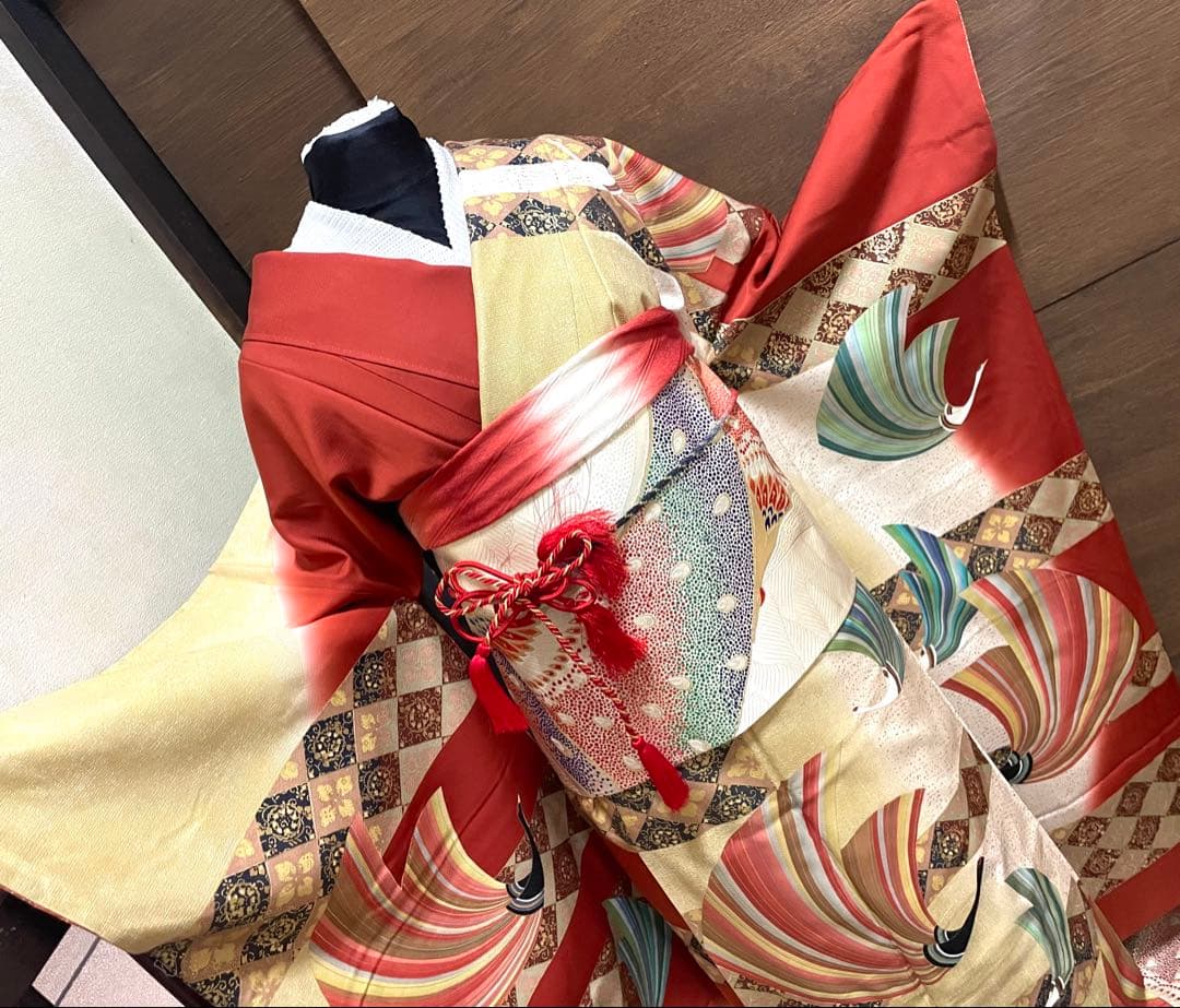 振袖フルセット6点サイズM〜Ｌ飛鶴菱花文　暈し染め　金銀彩　正絹