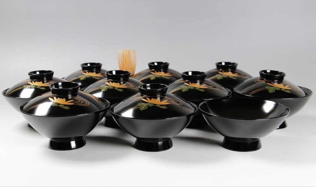 CK73 能登輪島塗 漆光堂謹製 流水菊 金蒔絵 黒塗吸物椀 九客 木箱 木製