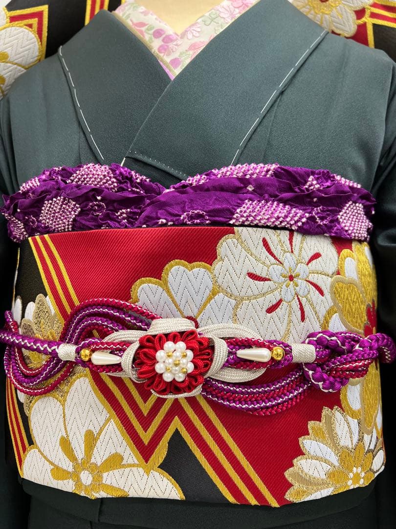 振り袖　フルセット　 玄才　金彩　しつけ付　成人式　深緑　全通長尺袋帯　590