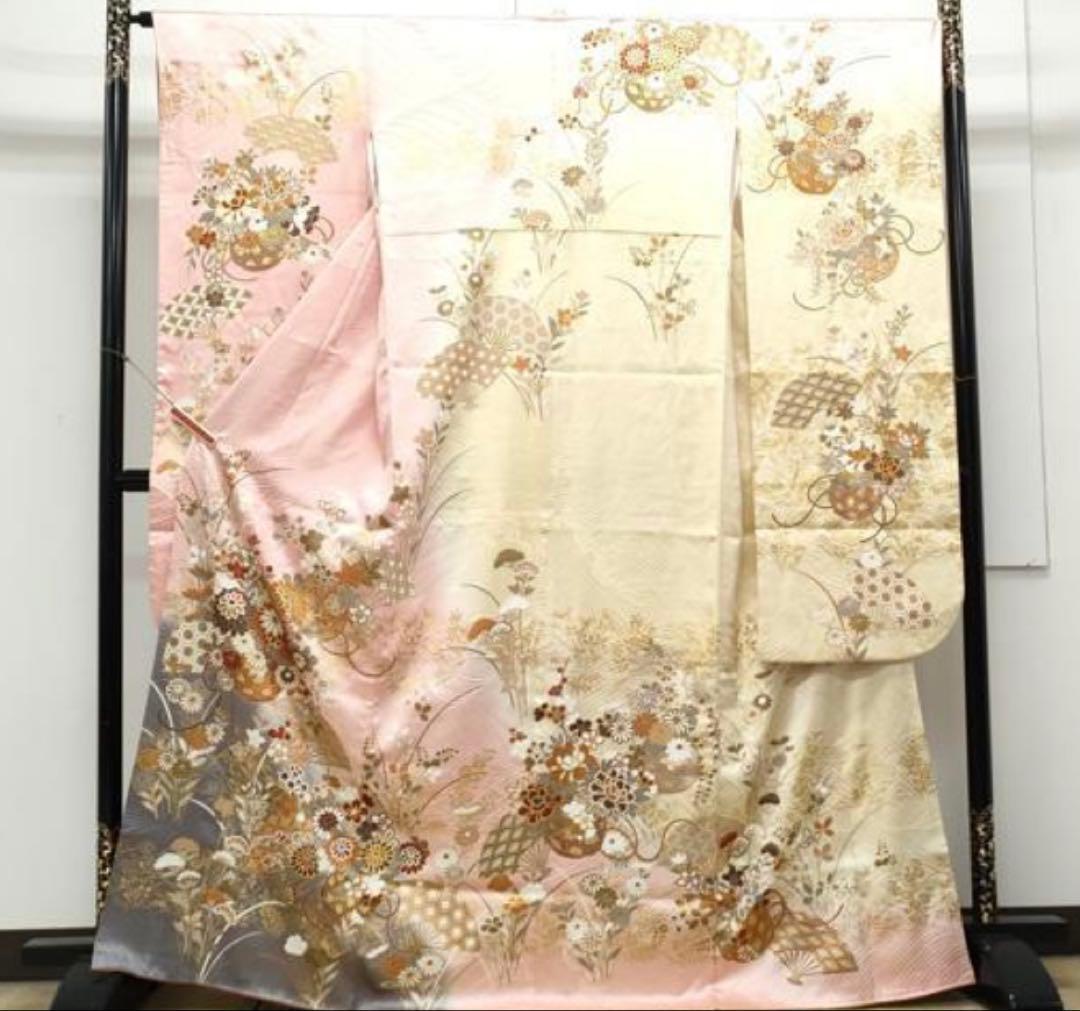 振袖フルセット6点サイズM〜Ｌ花籠文　暈し染め　金彩　正絹