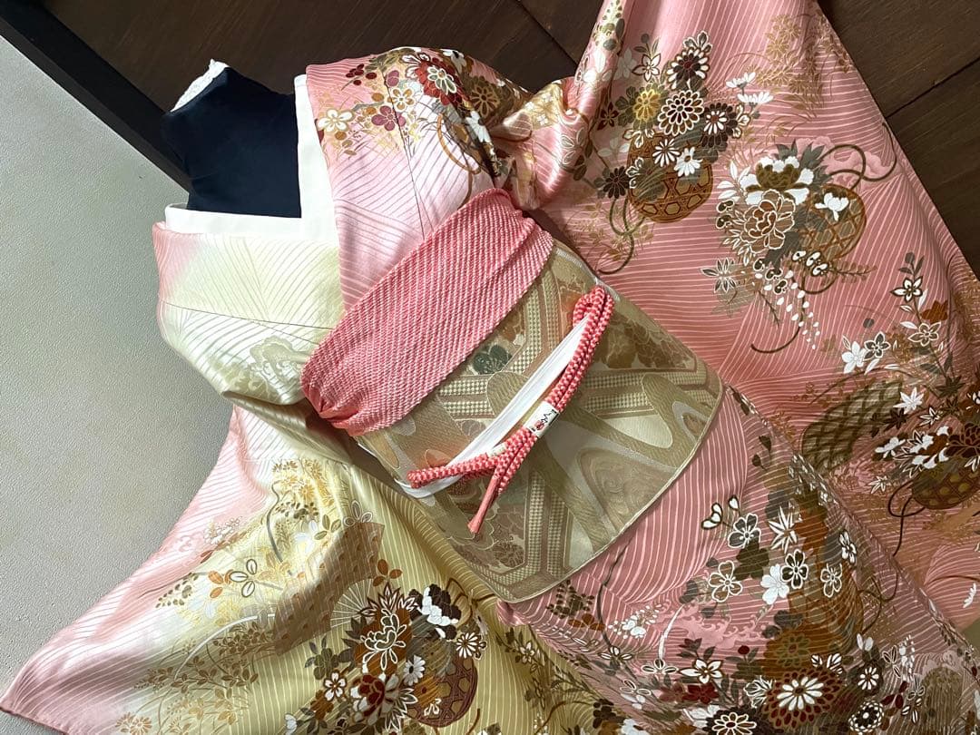 振袖フルセット6点サイズM〜Ｌ花籠文　暈し染め　金彩　正絹