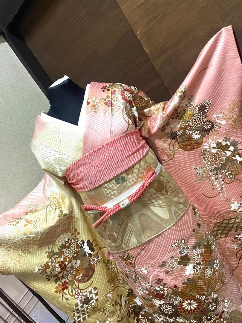 振袖フルセット6点サイズM〜Ｌ花籠文　暈し染め　金彩　正絹