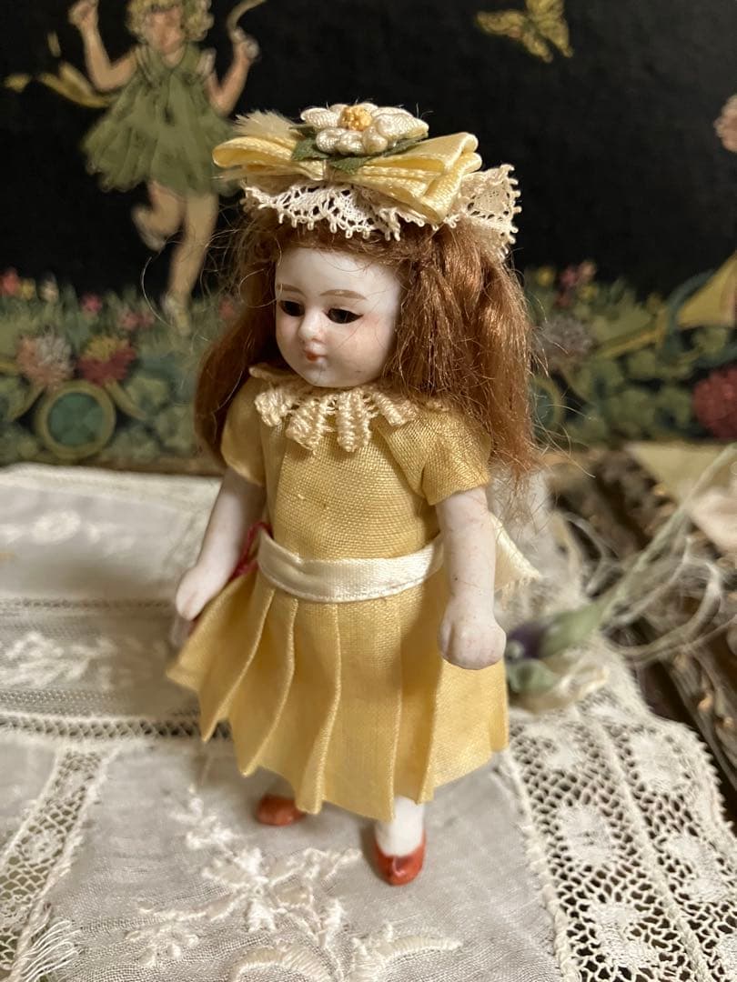 激安　アンティーク黄色ドレスのミニョネット　ドイツビスク　オールオリジナル