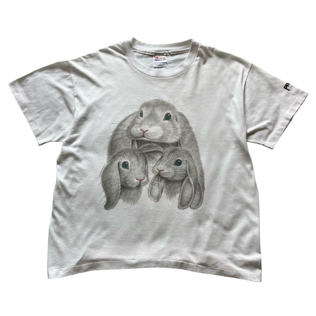 90's USA製 ヘインズ うさぎ 兎 デザインtシャツ 白 L